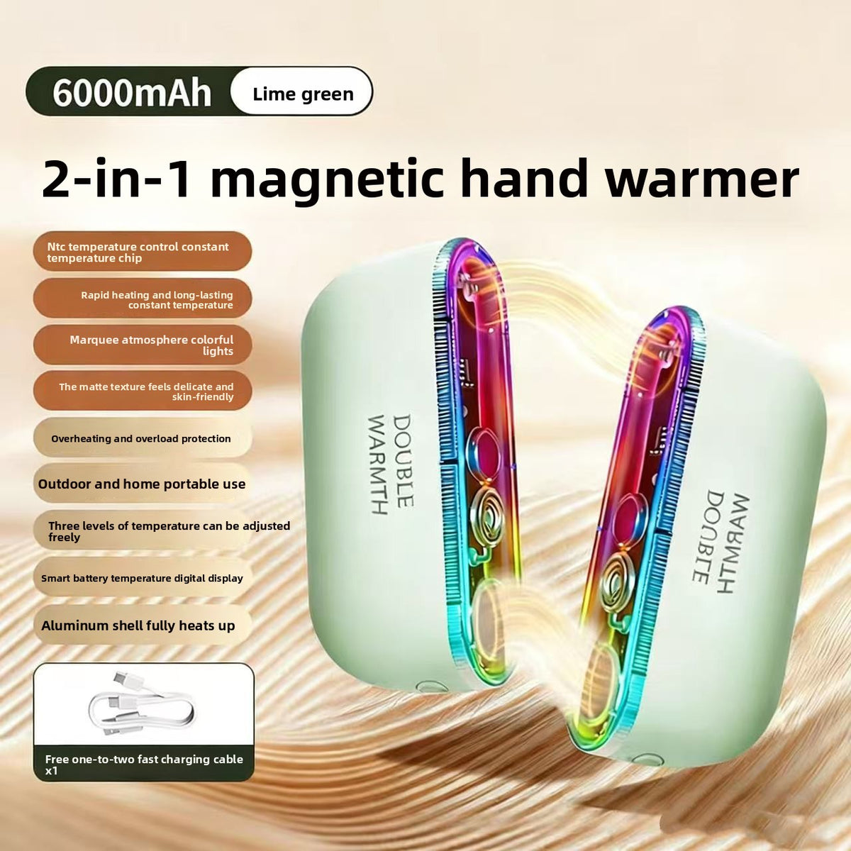 Magnetic Rechargeable Hand Warmer with Ambient Light