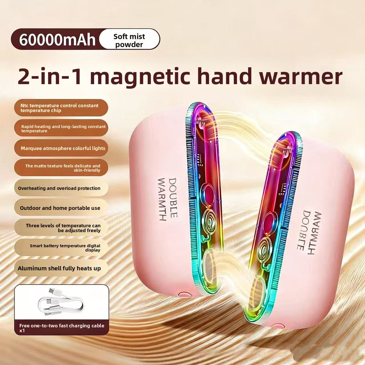 Magnetic Rechargeable Hand Warmer with Ambient Light