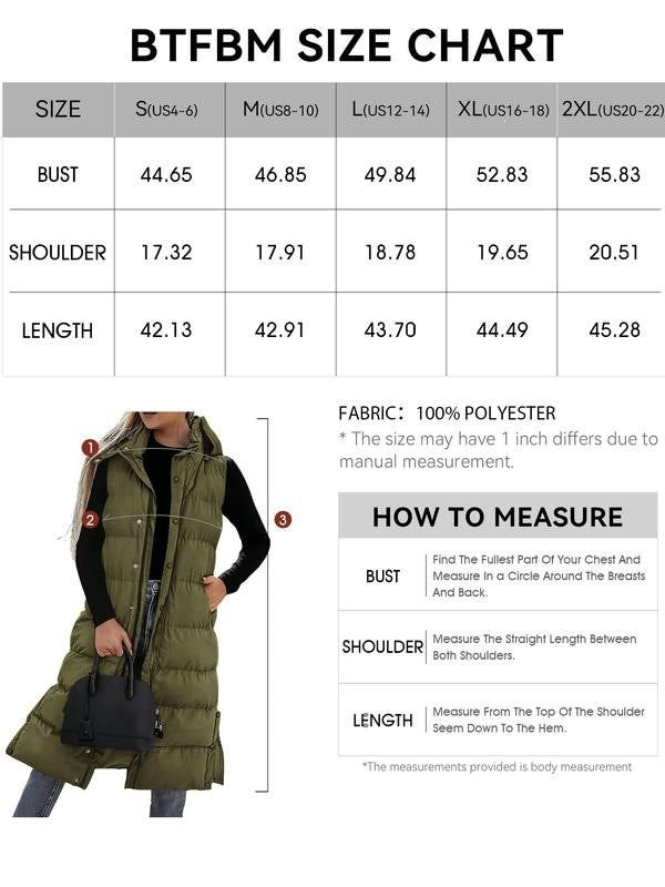 Size chart for Women's Longline Hooded Zip Vest