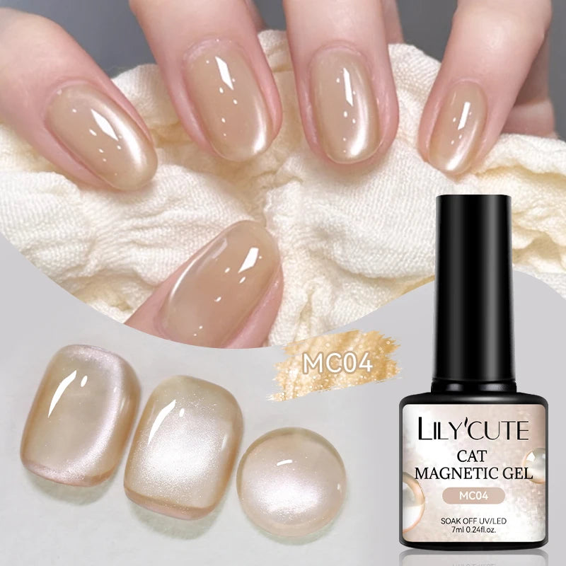 Ojă semipermanentă LILYCUTE Gold Coffee Cat-Eye, 7 ml