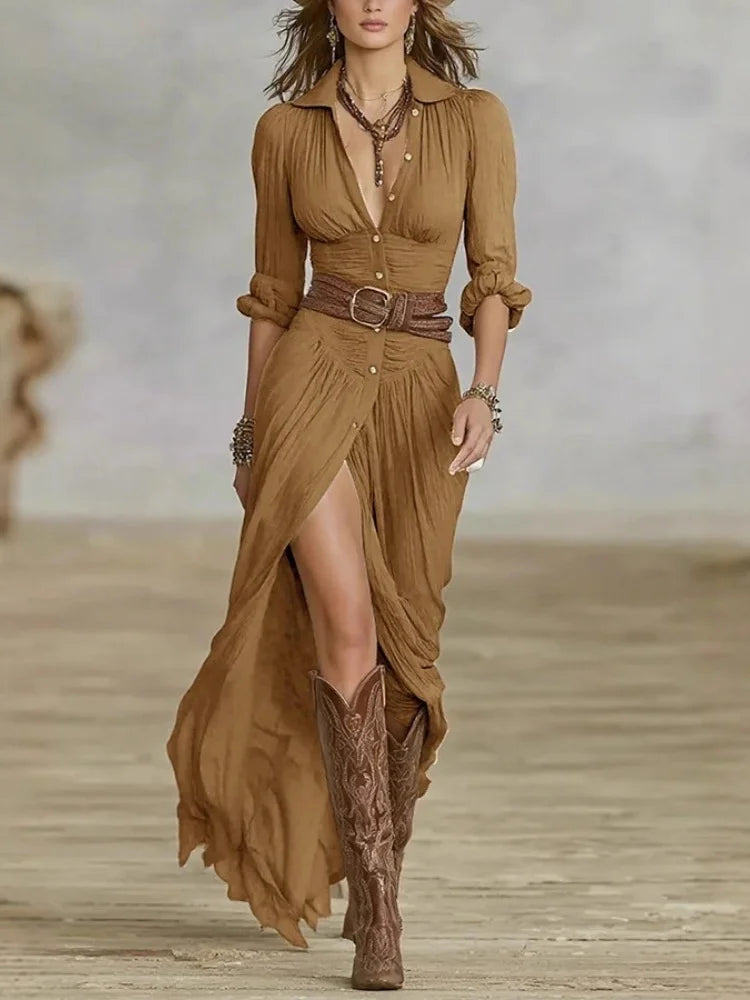 Women's Belted Pleated V-Neck Maxi Dress - product image 3