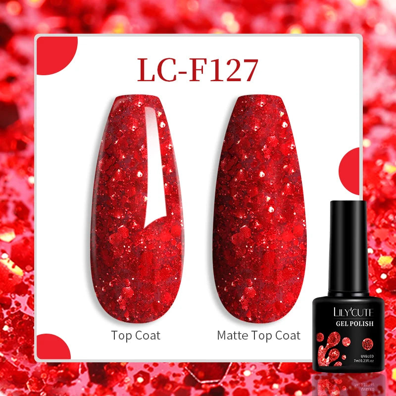 Lac de unghii cu gel LILYCUTE, sclipici roșu închis, 7 ml