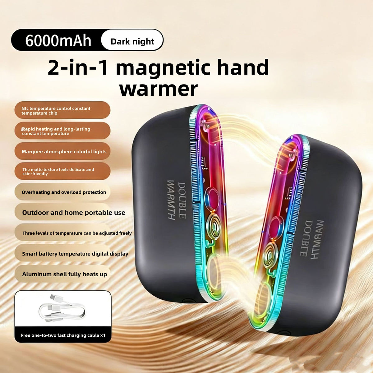 Magnetic Rechargeable Hand Warmer with Ambient Light