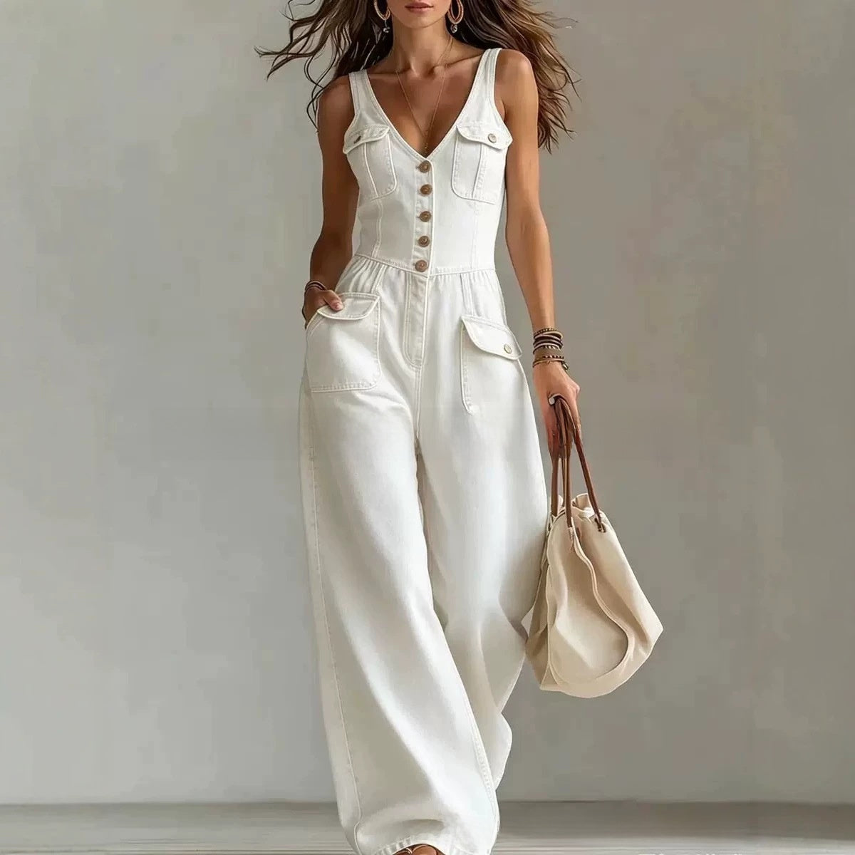 Women's Sleeveless Wide-Leg Denim Jumpsuit