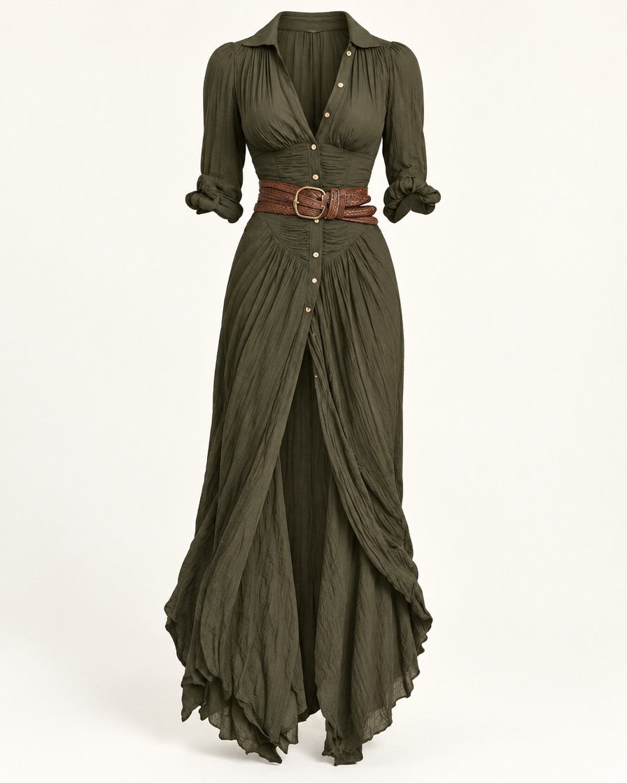 Women's Belted Pleated V-Neck Maxi Dress - clean product hero