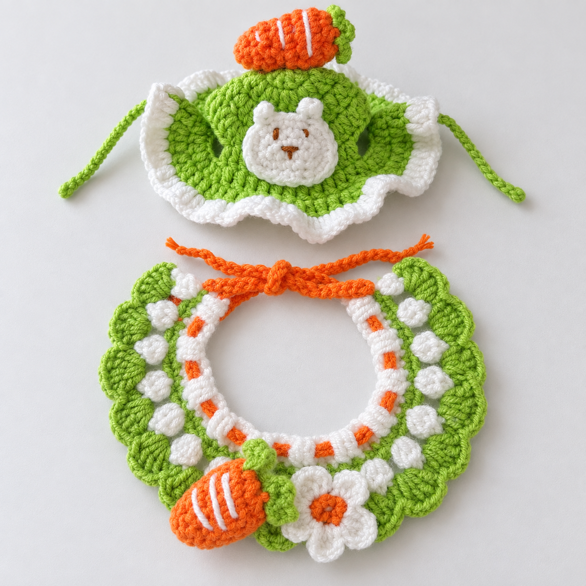 Radish Hat + Collar crochet pet costume set — green, white and orange