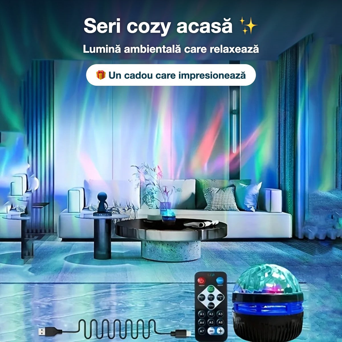 Proiector aurora boreală - lumină ambientală pentru seri cozy, idee de cadou